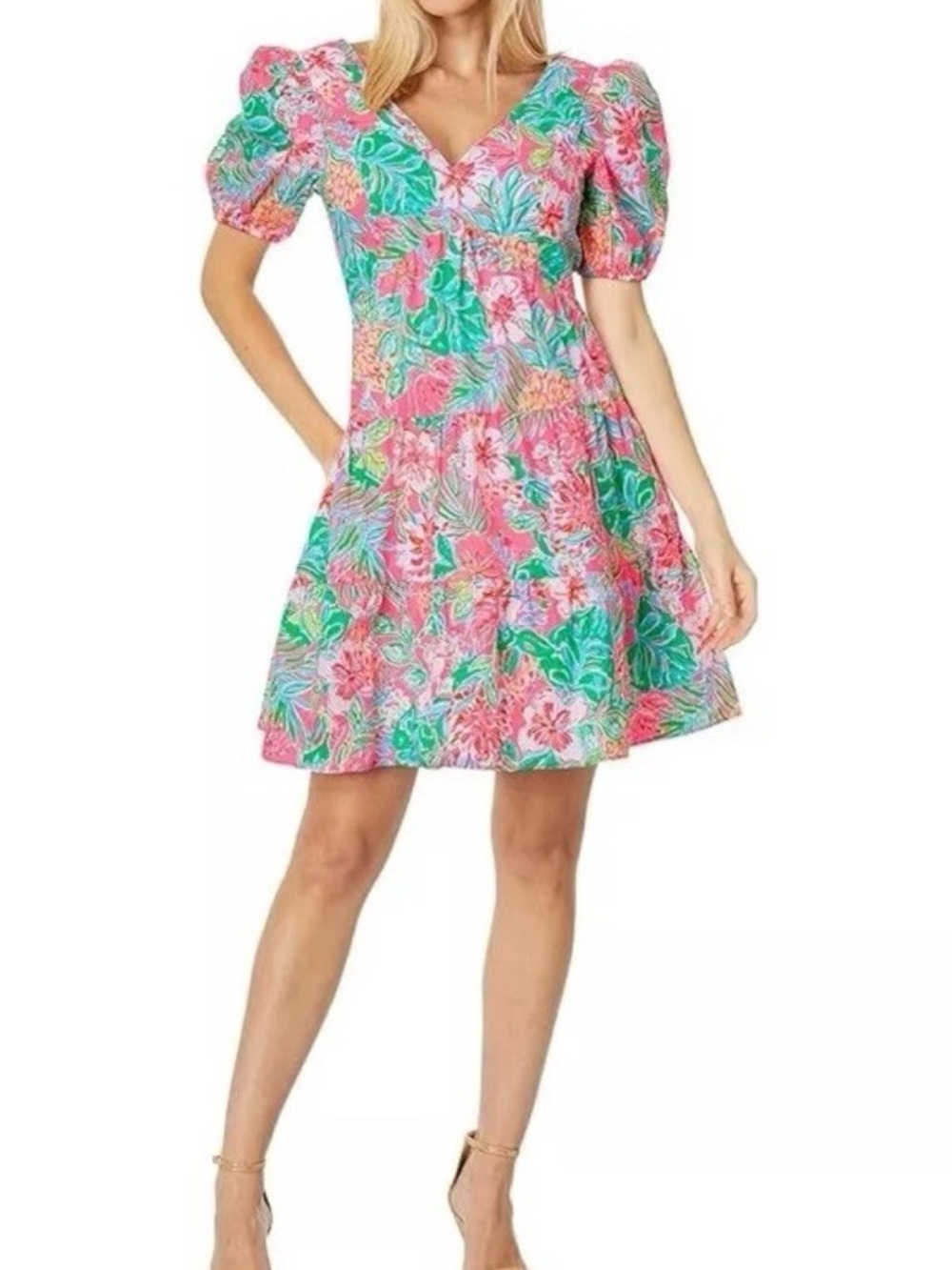 Lilly Pulitzer Pink Green Floral V-Neck Tiered Mini Dress - Picture 5 of 15